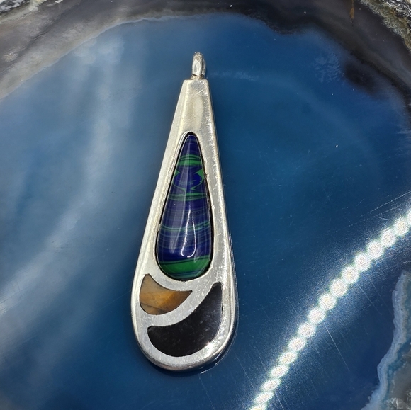 Taxco Jewelry - Taxco Lapis & Malachite Teardrop Pendant Hallmark 950 TS-101 Mexico